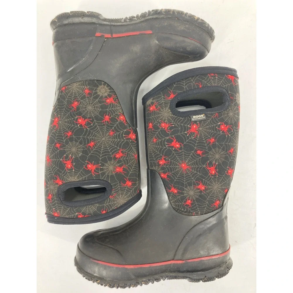 Bogs Classic Creepy Crawl Rain Boots Kids Size 13 Black Red Excellent Spider Web